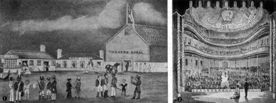 1. 'Ройял театр' - первый театр в Мельбурне (построен в 1841), с картины худ. Лиарде. 2. Ввутревнкй вид 'Ройял театра' в Сиднее (1875)